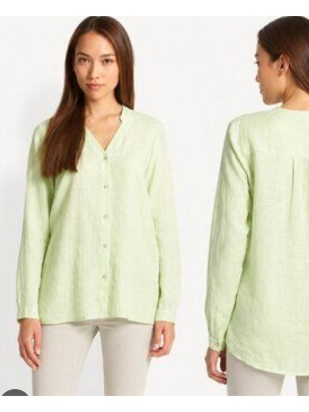 Eileen Fisher Irish Linen Blouse Womens S Mint Green Button Front Lightweight
